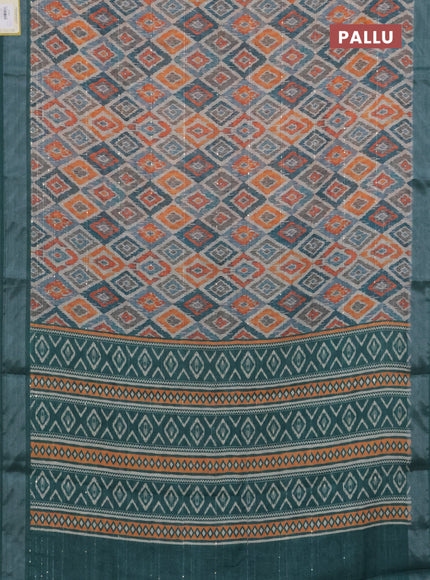 Linen cotton saree beige and peacock green with geometric prints & sequin work and silver zari woven border