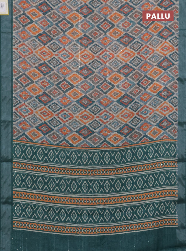 Linen cotton saree beige and peacock green with geometric prints & sequin work and silver zari woven border