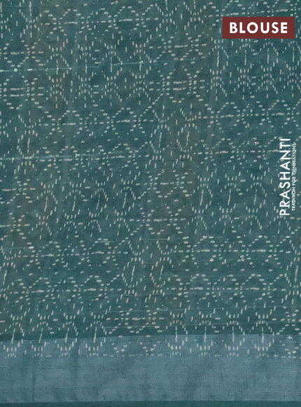 Linen cotton saree beige and peacock green with geometric prints & sequin work and silver zari woven border