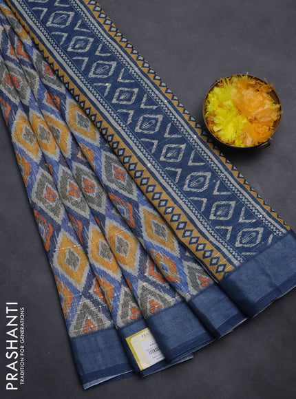 Linen cotton saree beige and blue with geometric prints & sequin work and silver zari woven border
