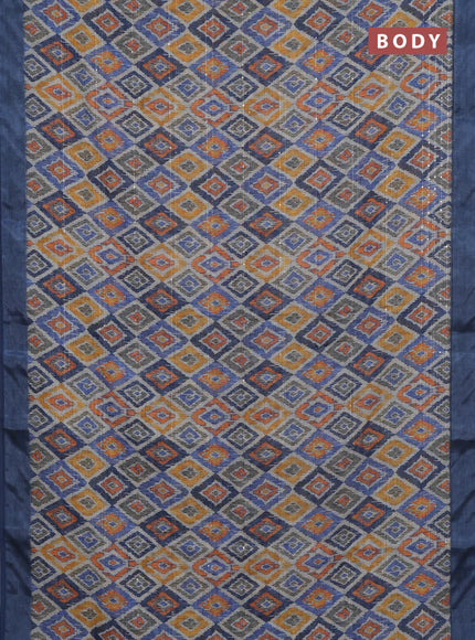 Linen cotton saree beige and blue with geometric prints & sequin work and silver zari woven border