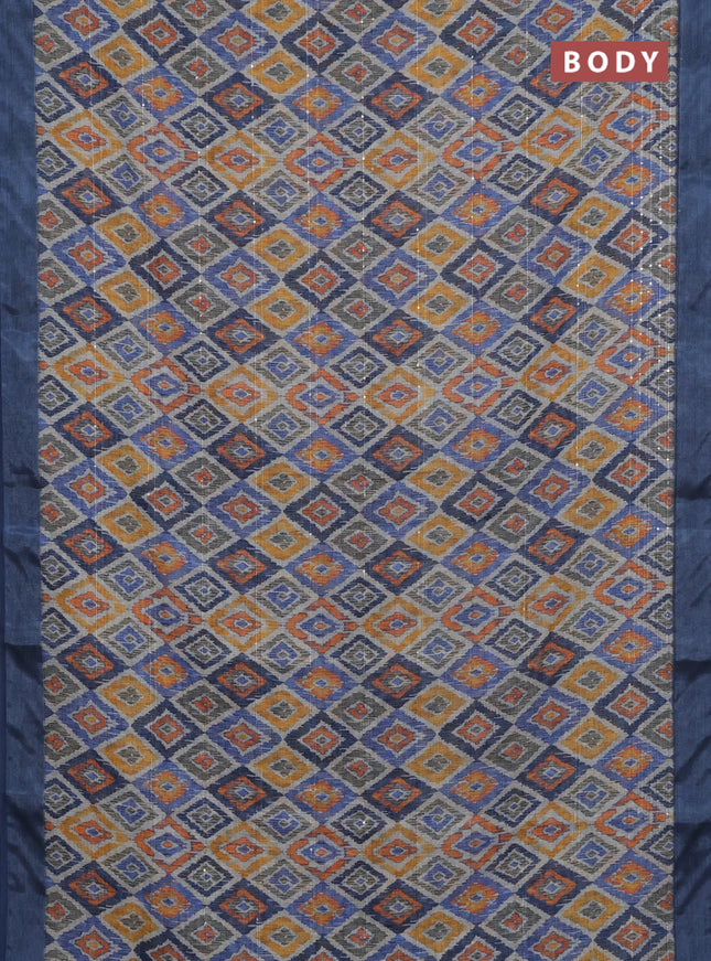 Linen cotton saree beige and blue with geometric prints & sequin work and silver zari woven border