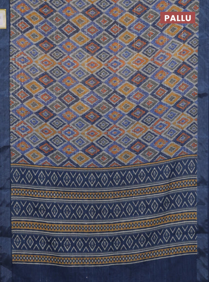 Linen cotton saree beige and blue with geometric prints & sequin work and silver zari woven border