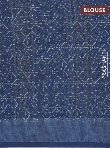 Linen cotton saree beige and blue with geometric prints & sequin work and silver zari woven border