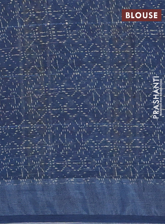 Linen cotton saree beige and blue with geometric prints & sequin work and silver zari woven border