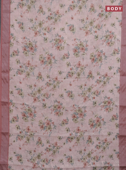Linen cotton saree peach pink and rust shade with floral prints & sequin work and silver zari woven border