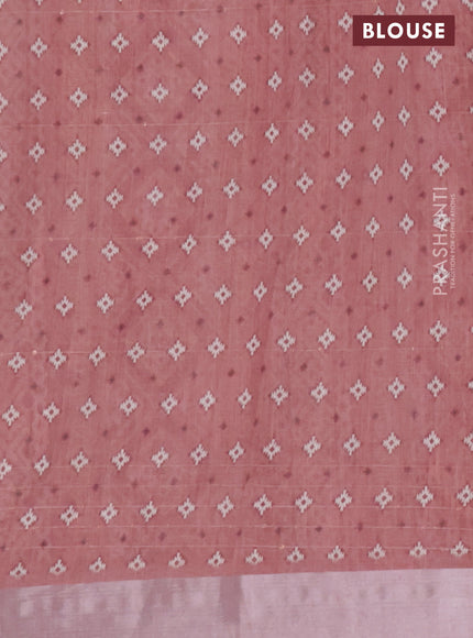 Linen cotton saree peach pink and rust shade with floral prints & sequin work and silver zari woven border