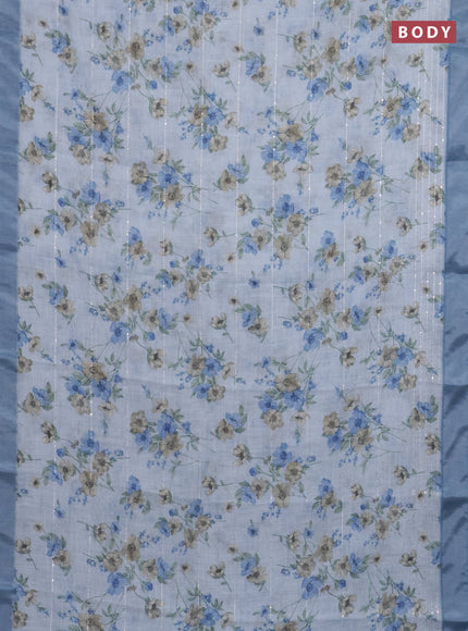 Linen cotton saree pastel blue with floral prints & sequin work and silver zari woven border