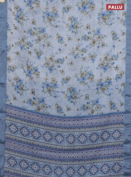 Linen cotton saree pastel blue with floral prints & sequin work and silver zari woven border
