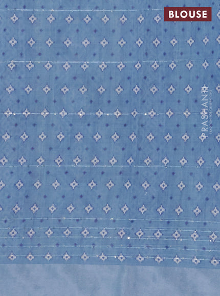 Linen cotton saree pastel blue with floral prints & sequin work and silver zari woven border