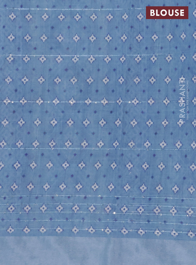 Linen cotton saree pastel blue with floral prints & sequin work and silver zari woven border