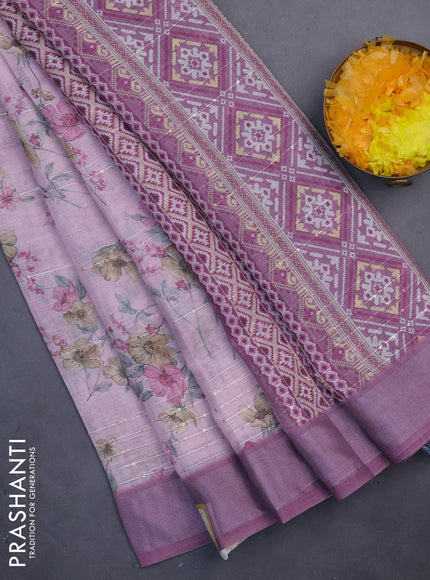 Linen cotton saree pastel pink and mauve pink with floral prints & sequin work and silver zari woven border