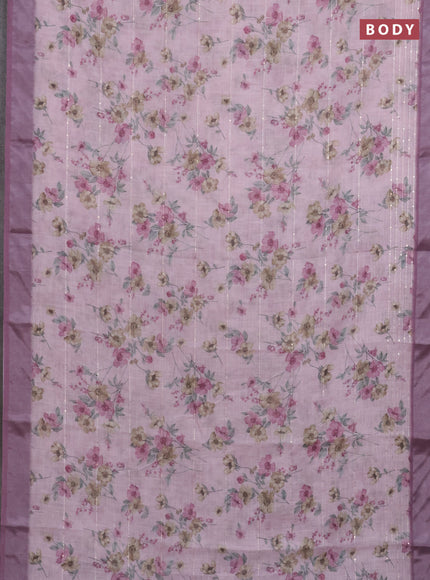 Linen cotton saree pastel pink and mauve pink with floral prints & sequin work and silver zari woven border