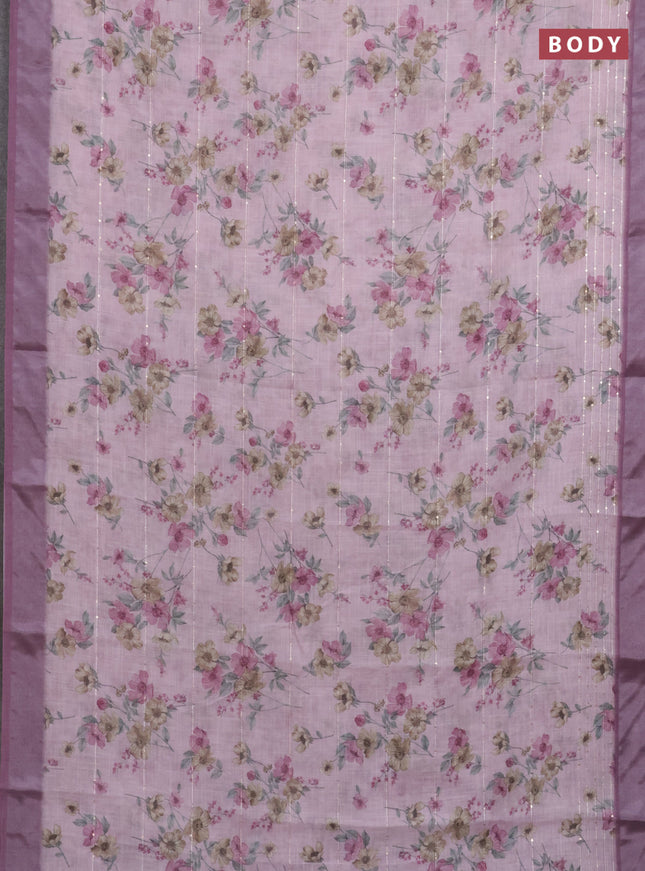 Linen cotton saree pastel pink and mauve pink with floral prints & sequin work and silver zari woven border