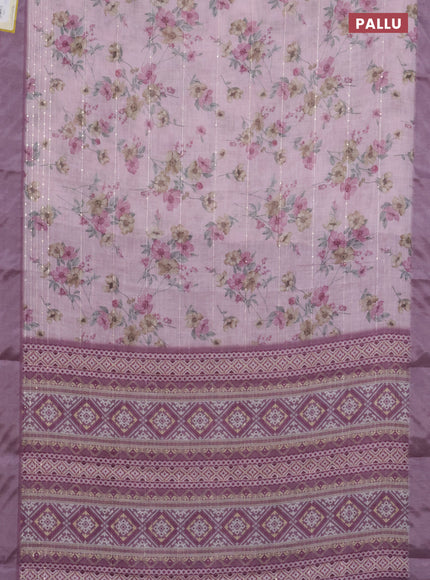 Linen cotton saree pastel pink and mauve pink with floral prints & sequin work and silver zari woven border
