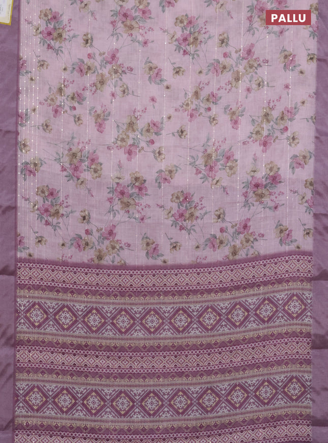 Linen cotton saree pastel pink and mauve pink with floral prints & sequin work and silver zari woven border
