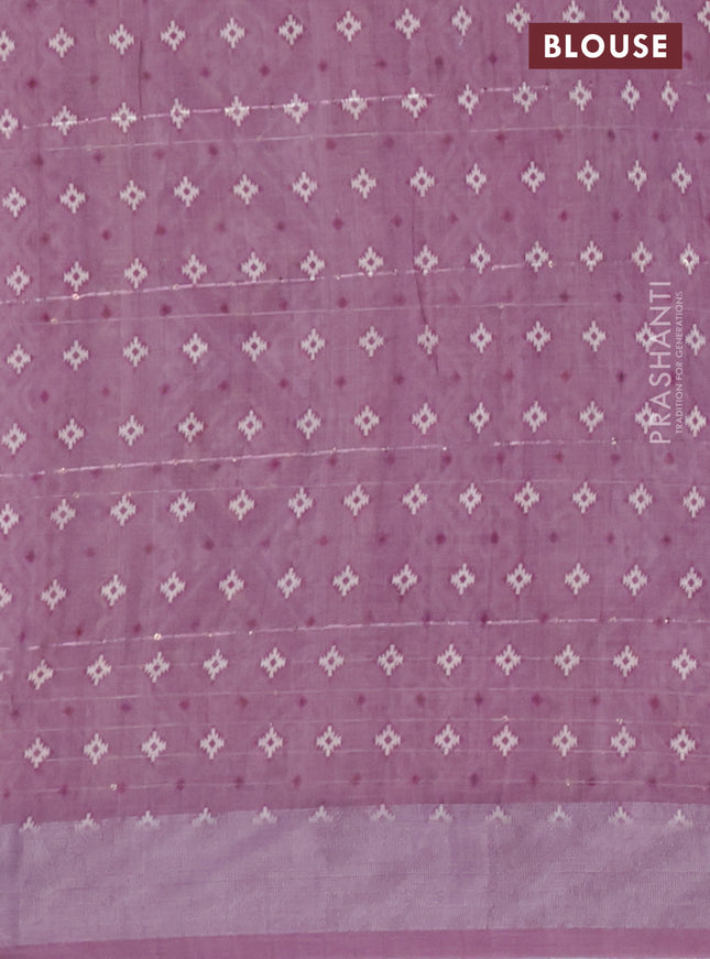 Linen cotton saree pastel pink and mauve pink with floral prints & sequin work and silver zari woven border