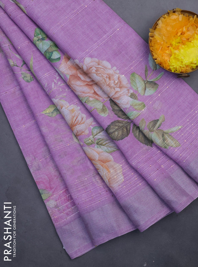 Linen cotton saree purple shade with floral prints & sequin work and silver zari woven border