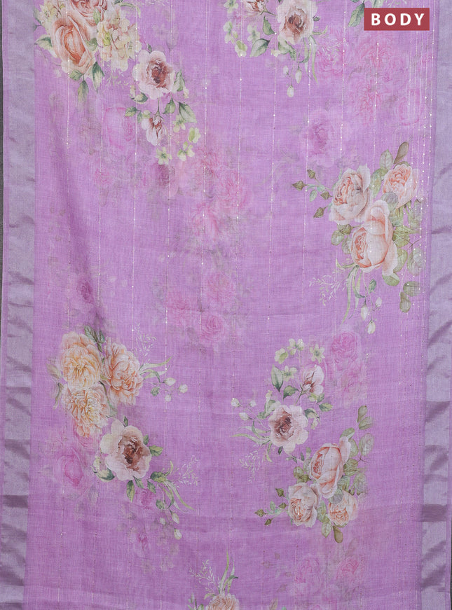 Linen cotton saree purple shade with floral prints & sequin work and silver zari woven border