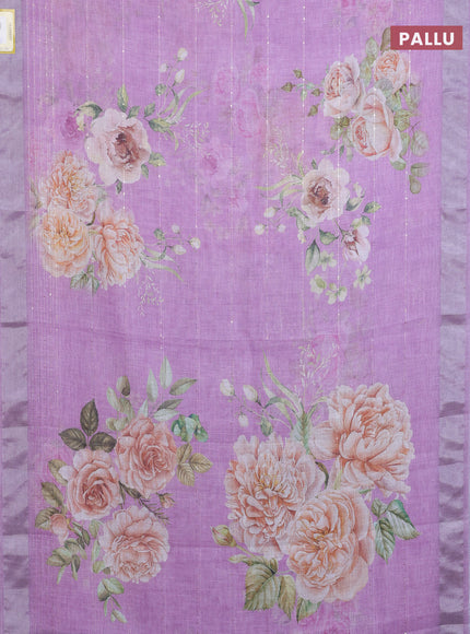 Linen cotton saree purple shade with floral prints & sequin work and silver zari woven border