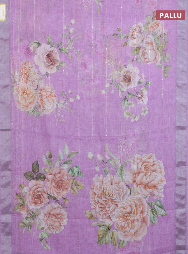 Linen cotton saree purple shade with floral prints & sequin work and silver zari woven border
