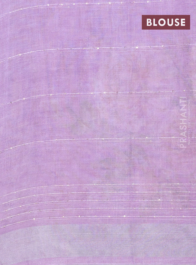Linen cotton saree purple shade with floral prints & sequin work and silver zari woven border
