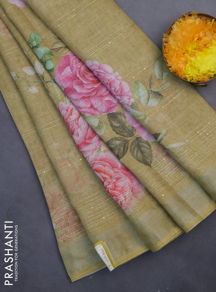 Linen cotton saree mustard shade with floral prints & sequin work and silver zari woven border
