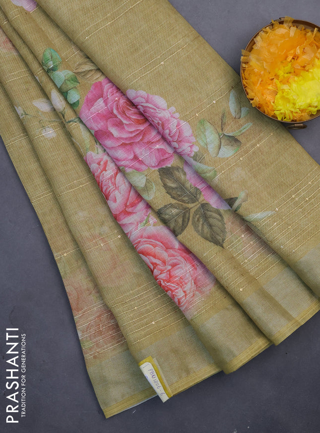 Linen cotton saree mustard shade with floral prints & sequin work and silver zari woven border