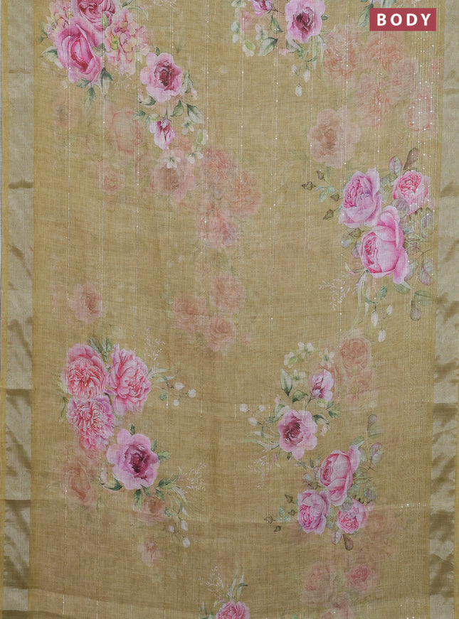 Linen cotton saree mustard shade with floral prints & sequin work and silver zari woven border