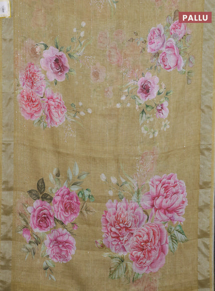 Linen cotton saree mustard shade with floral prints & sequin work and silver zari woven border