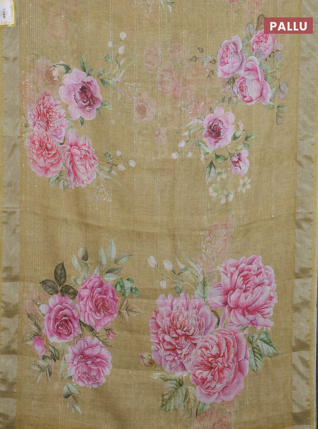 Linen cotton saree mustard shade with floral prints & sequin work and silver zari woven border