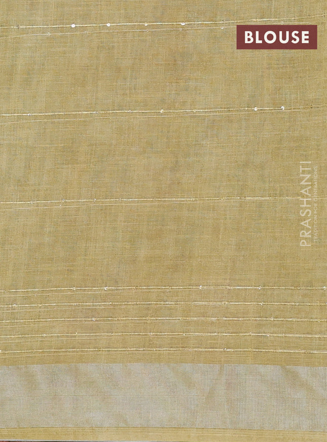 Linen cotton saree mustard shade with floral prints & sequin work and silver zari woven border