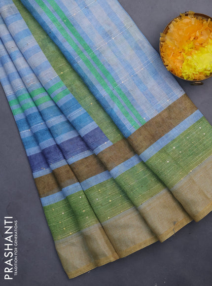 Linen cotton saree pastel blue and multi colour with stripes pattern & sequin work and silver zari woven border