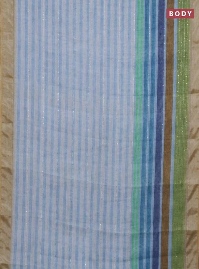 Linen cotton saree pastel blue and multi colour with stripes pattern & sequin work and silver zari woven border