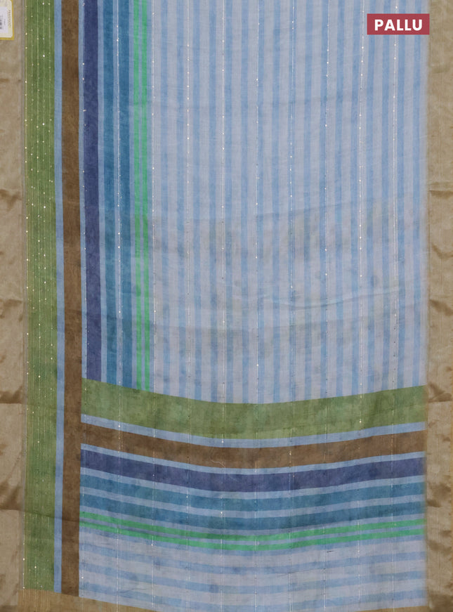 Linen cotton saree pastel blue and multi colour with stripes pattern & sequin work and silver zari woven border