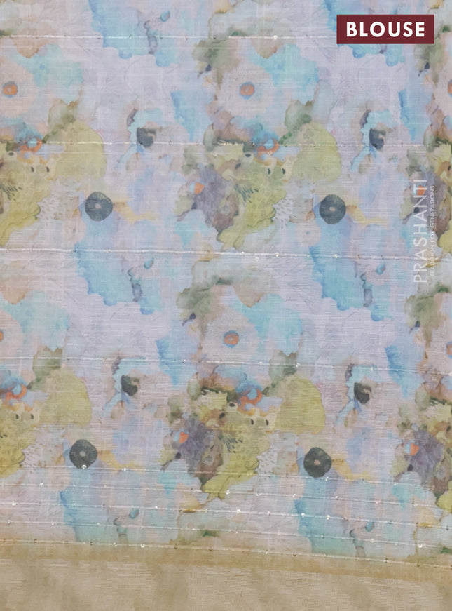 Linen cotton saree pastel blue and multi colour with stripes pattern & sequin work and silver zari woven border