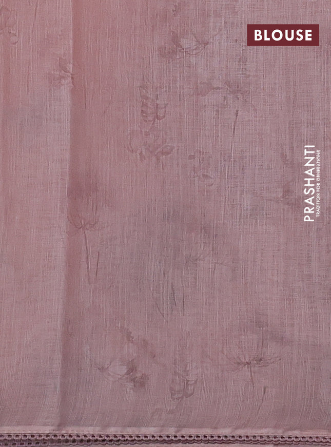 Linen cotton saree pastel peach orange with floral digital prints & embroidery buttas and lace work border