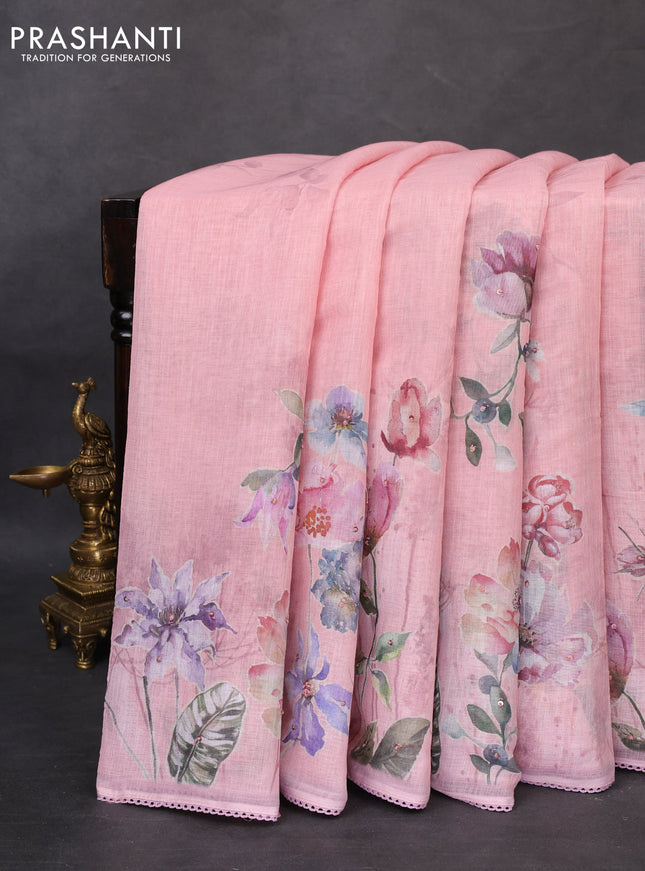 Linen cotton saree mild peach pink with floral digital prints & embroidery buttas and lace work border