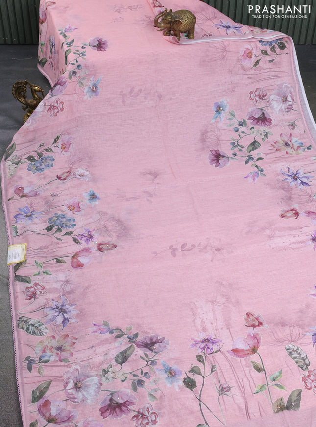 Linen cotton saree mild peach pink with floral digital prints & embroidery buttas and lace work border