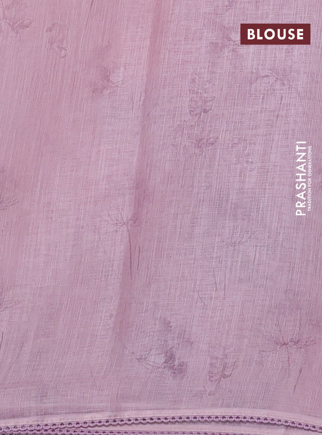 Linen cotton saree mild peach pink with floral digital prints & embroidery buttas and lace work border