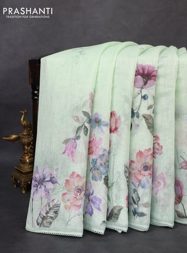 Linen cotton saree pista green with floral digital prints & embroidery buttas and lace work border