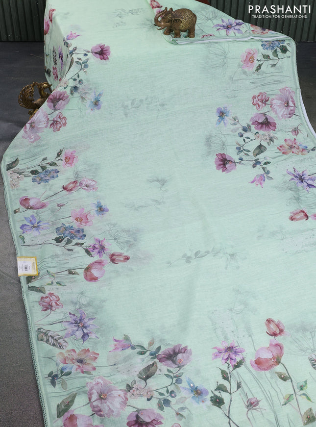 Linen cotton saree pista green with floral digital prints & embroidery buttas and lace work border