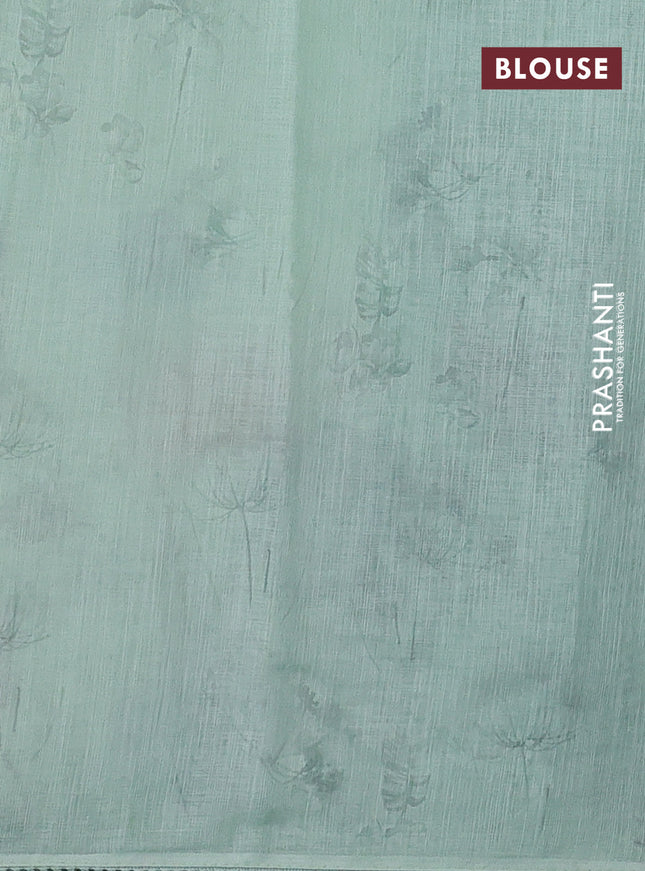 Linen cotton saree pista green with floral digital prints & embroidery buttas and lace work border