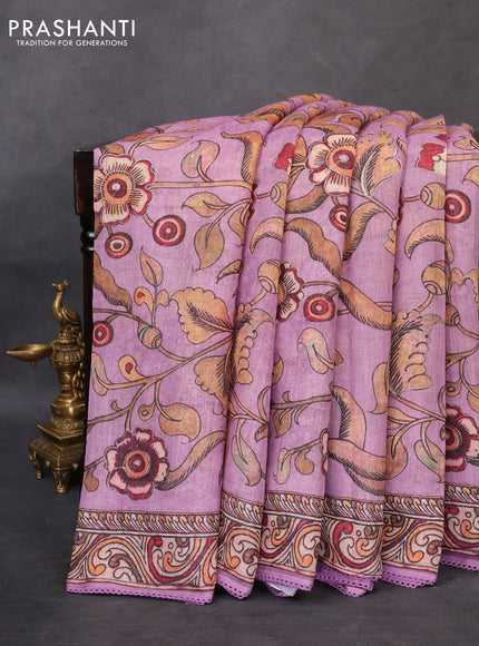Linen cotton saree mauve pink with allover kalamkari prints & pita work and lace work border