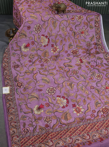 Linen cotton saree mauve pink with allover kalamkari prints & pita work and lace work border