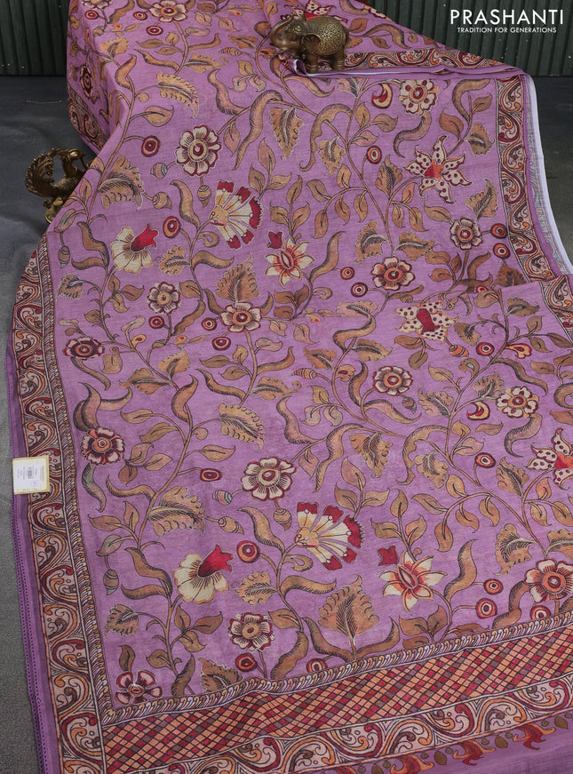 Linen cotton saree mauve pink with allover kalamkari prints & pita work and lace work border