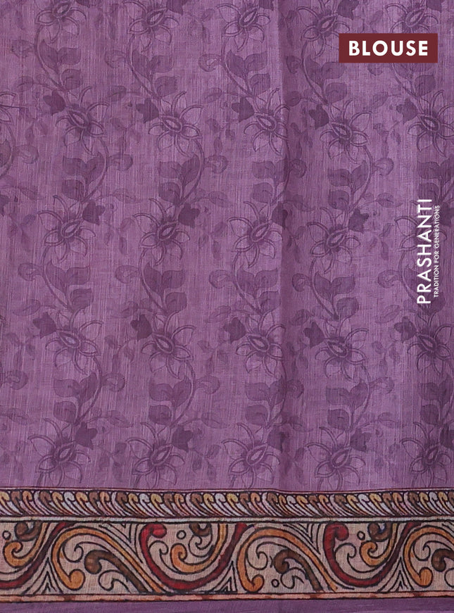 Linen cotton saree mauve pink with allover kalamkari prints & pita work and lace work border