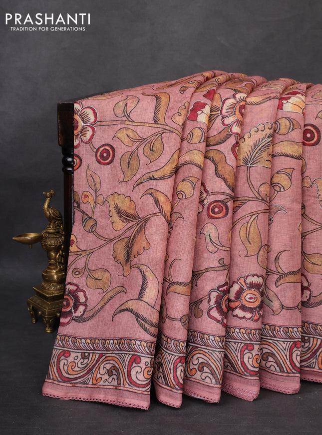 Linen cotton saree pastel peach with allover kalamkari prints & pita work and lace work border
