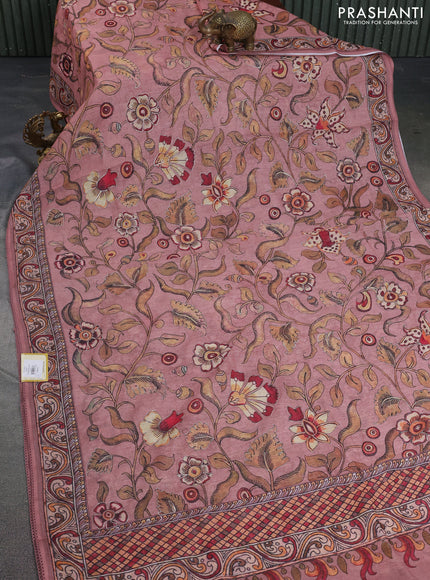 Linen cotton saree pastel peach with allover kalamkari prints & pita work and lace work border