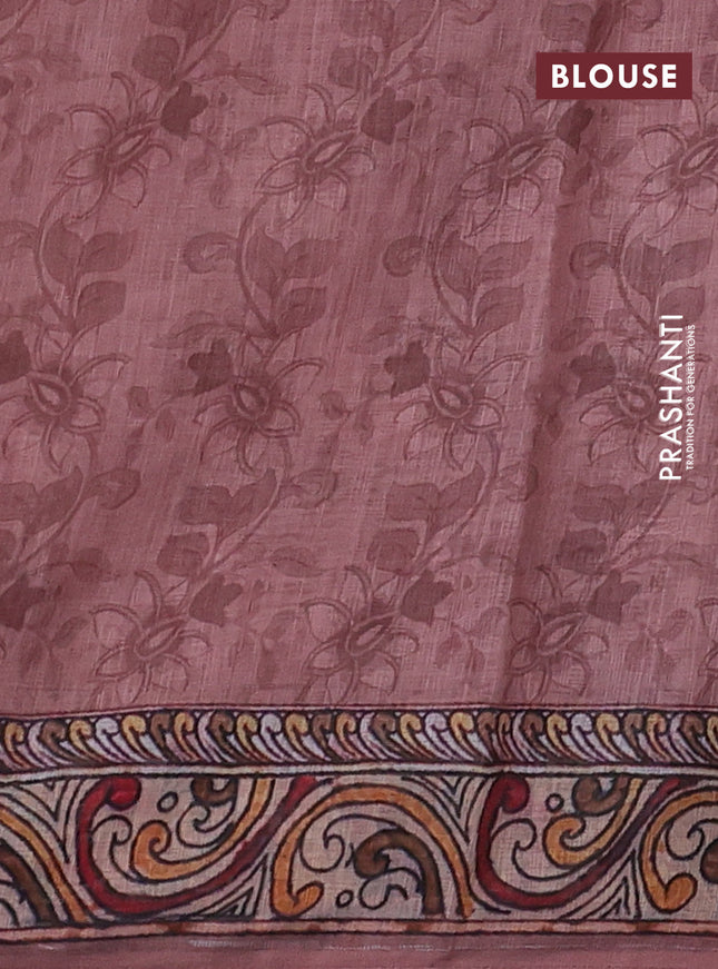 Linen cotton saree pastel peach with allover kalamkari prints & pita work and lace work border